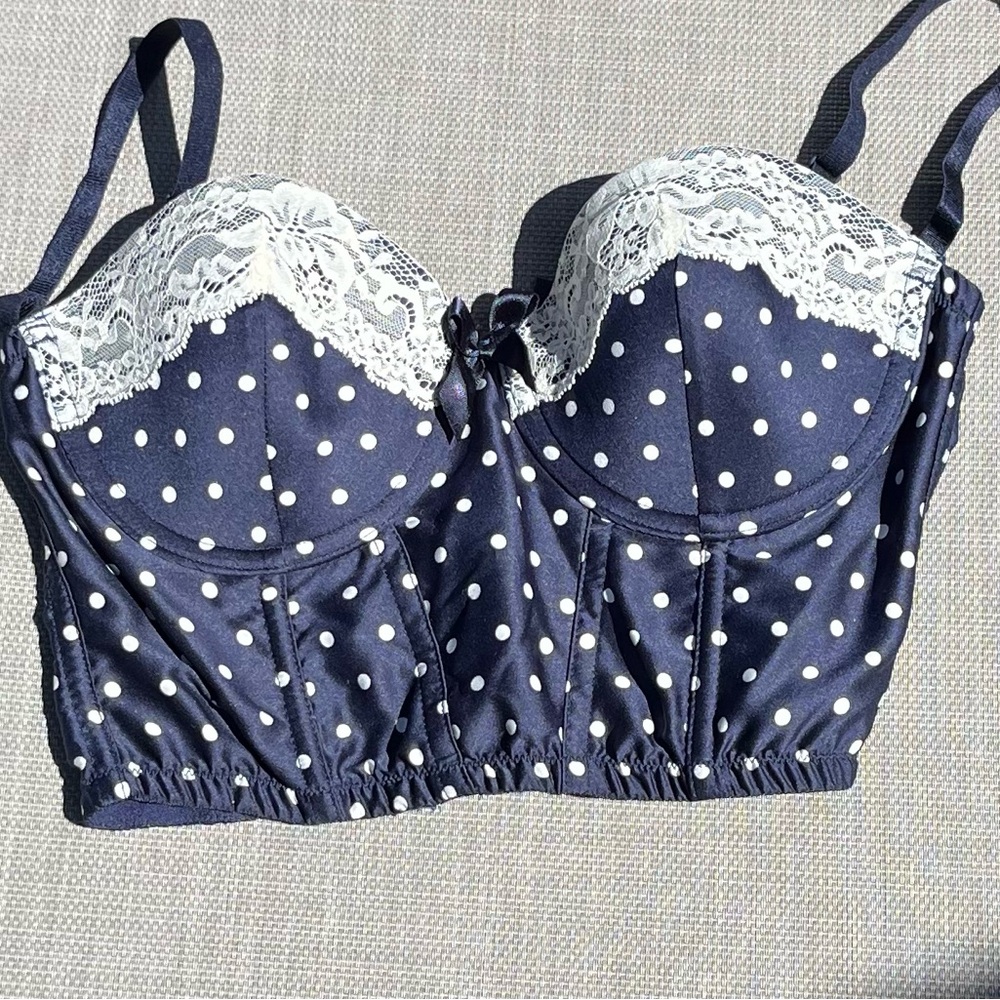Guess Cropped Navy Blue Polka Dot Satin with Lace Trim Bustier